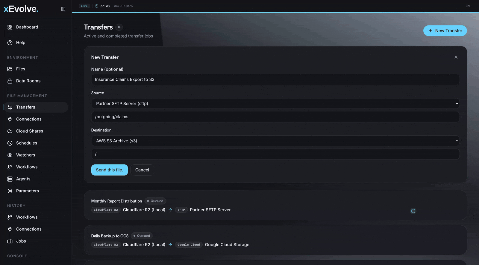 A file transfer from an SFTP server to AWS S3 completing in xEvolve