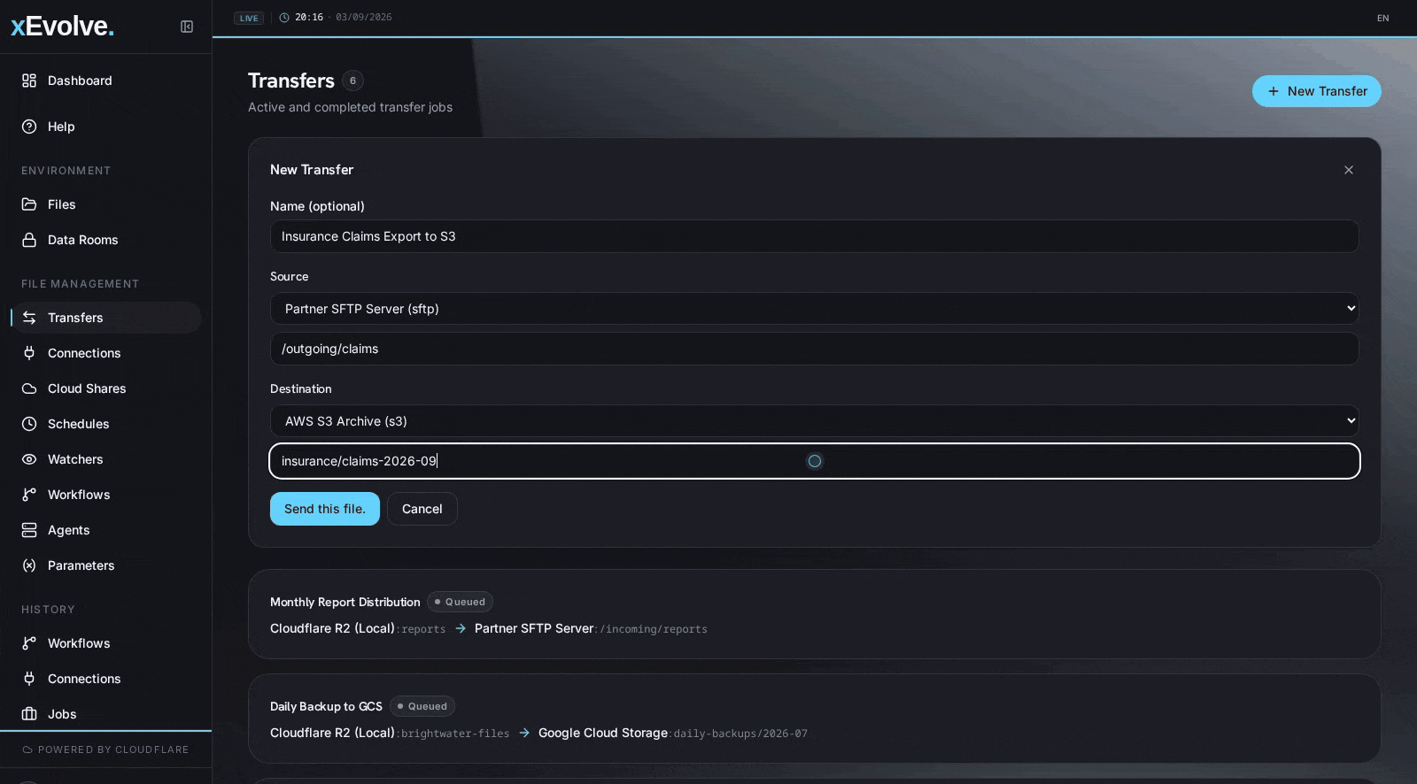 A file transfer from an SFTP server to AWS S3 completing in xEvolve