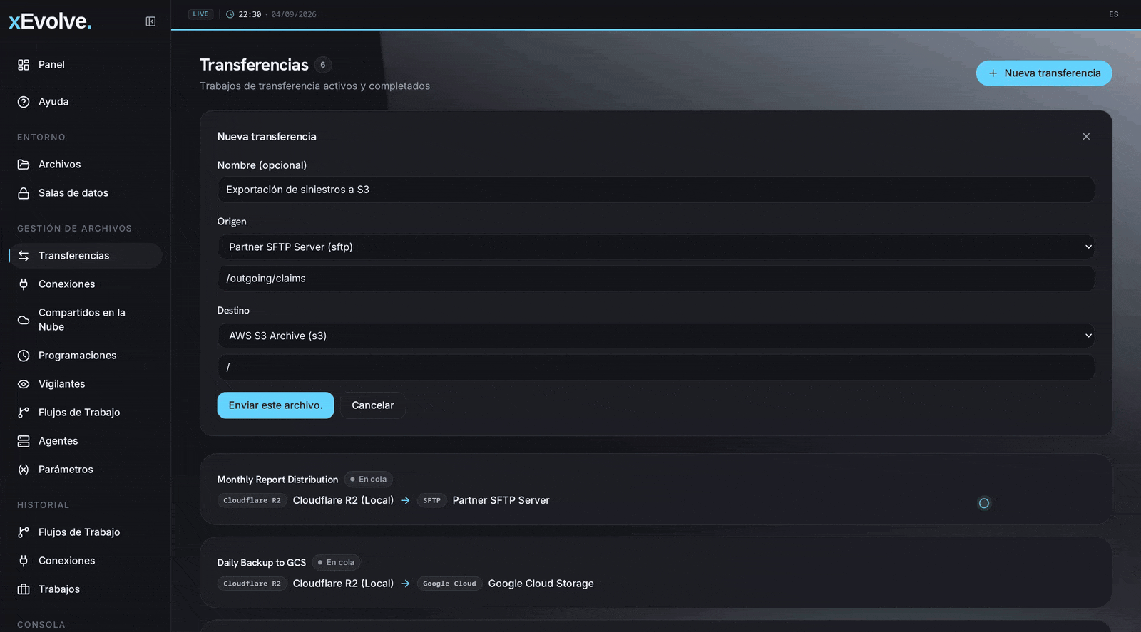 Una transferencia de archivos de un servidor SFTP a AWS S3 completándose en xEvolve