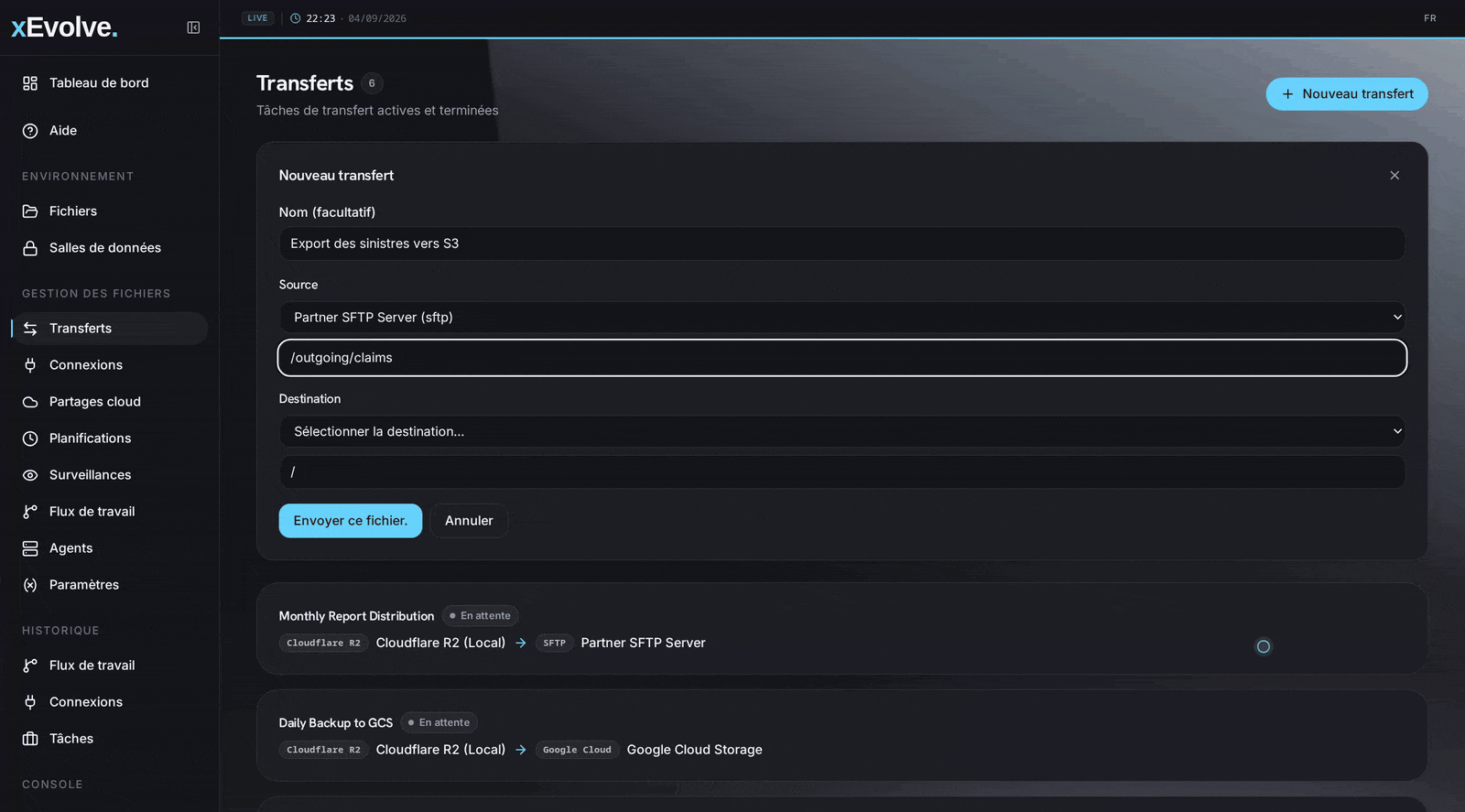 Un transfert de fichiers d’un serveur SFTP vers AWS S3 qui s’achève dans xEvolve