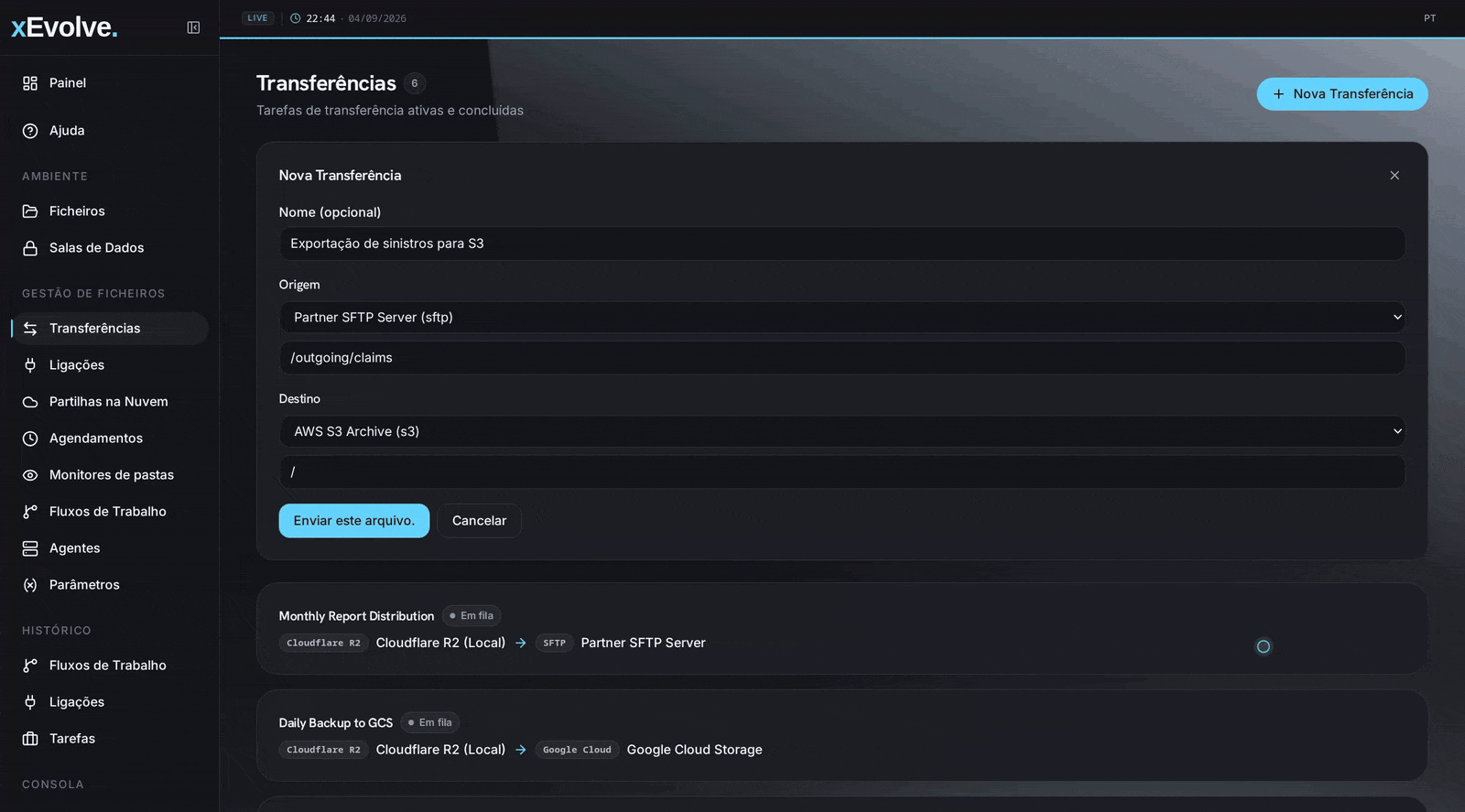 Uma transferência de ficheiros de um servidor SFTP para o AWS S3 a concluir-se no xEvolve