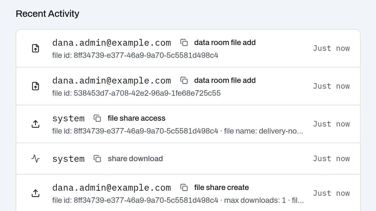Recent activity on the dashboard: a one-time link download and files added to a data room, each with its time
