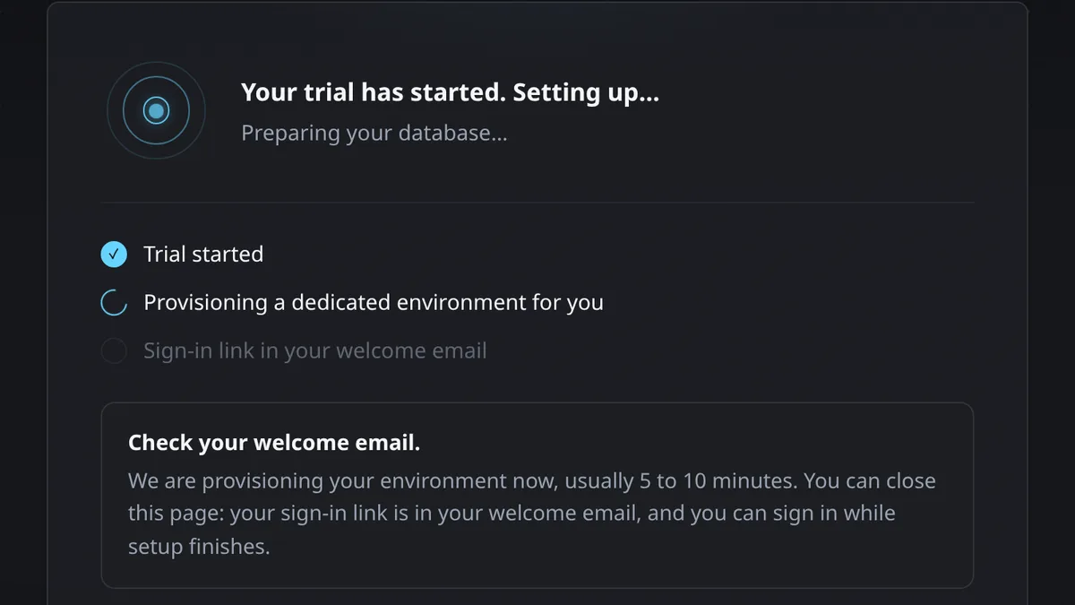 The order confirmation page while the Environment is being built