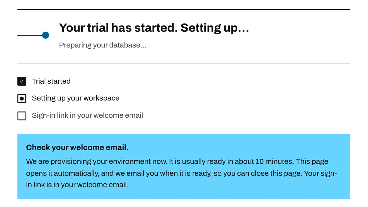 The order confirmation page while the Environment is being built