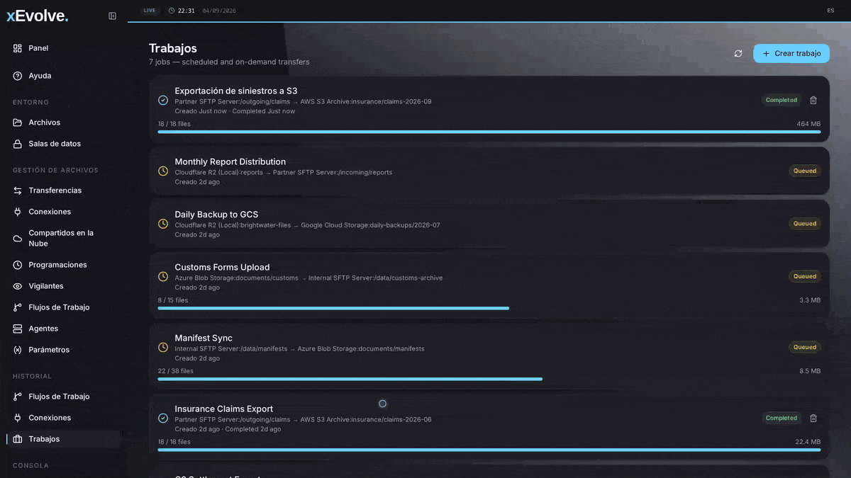 El historial de tareas en xEvolve