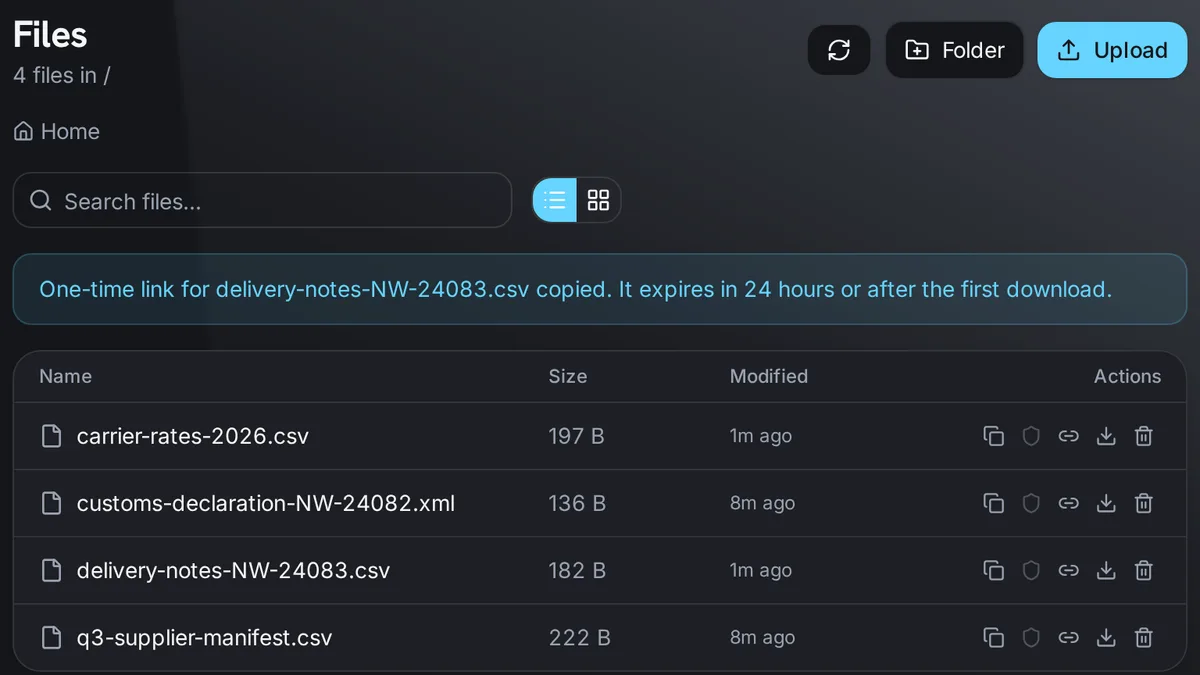 The Files page confirming a one-time link that expires in 24 hours or after the first download