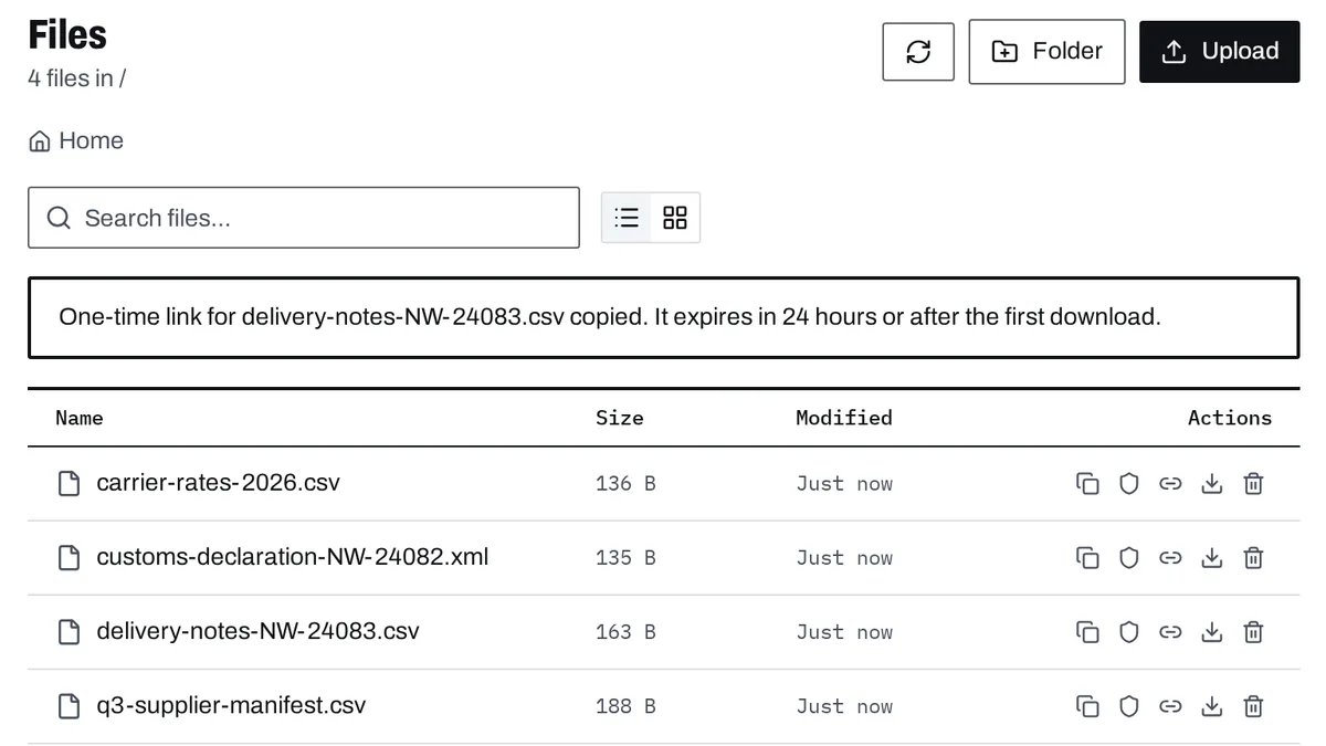 The Files page confirming a one-time link that expires in 24 hours or after the first download