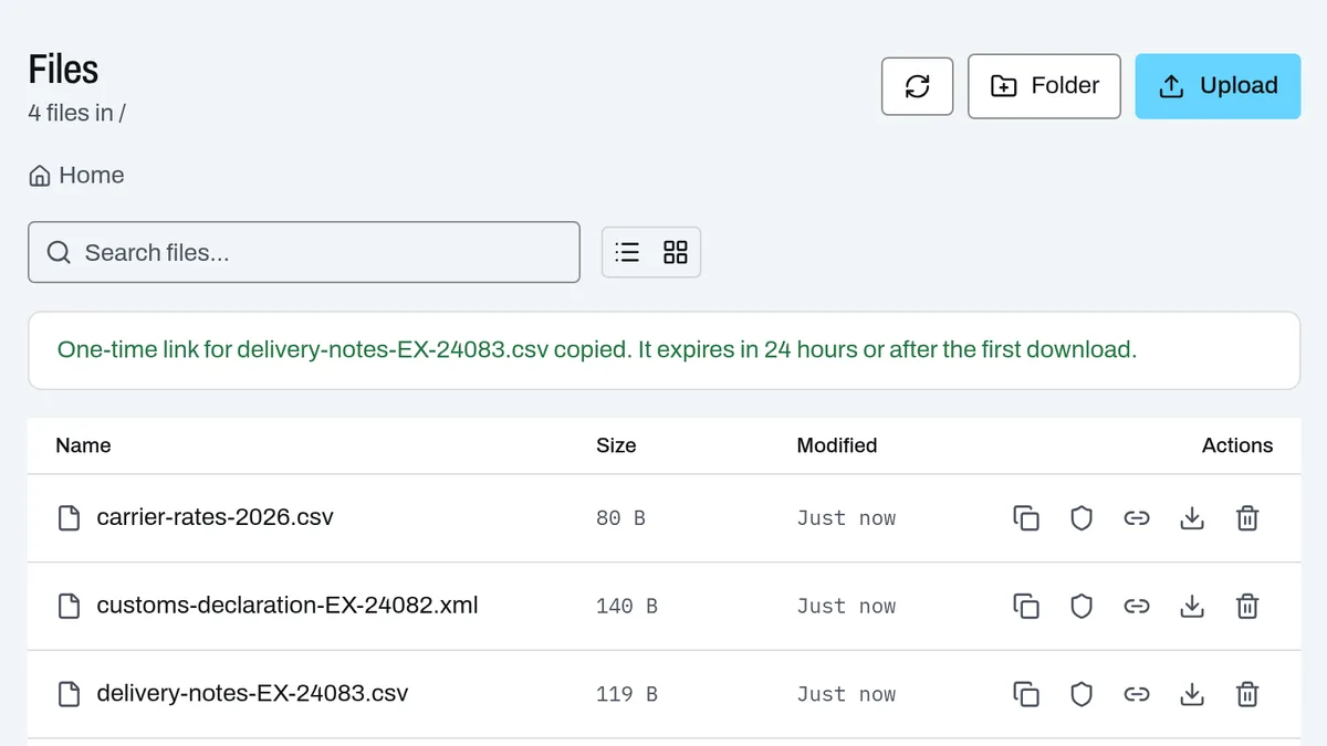 The Files page confirming a one-time link that expires in 24 hours or after the first download