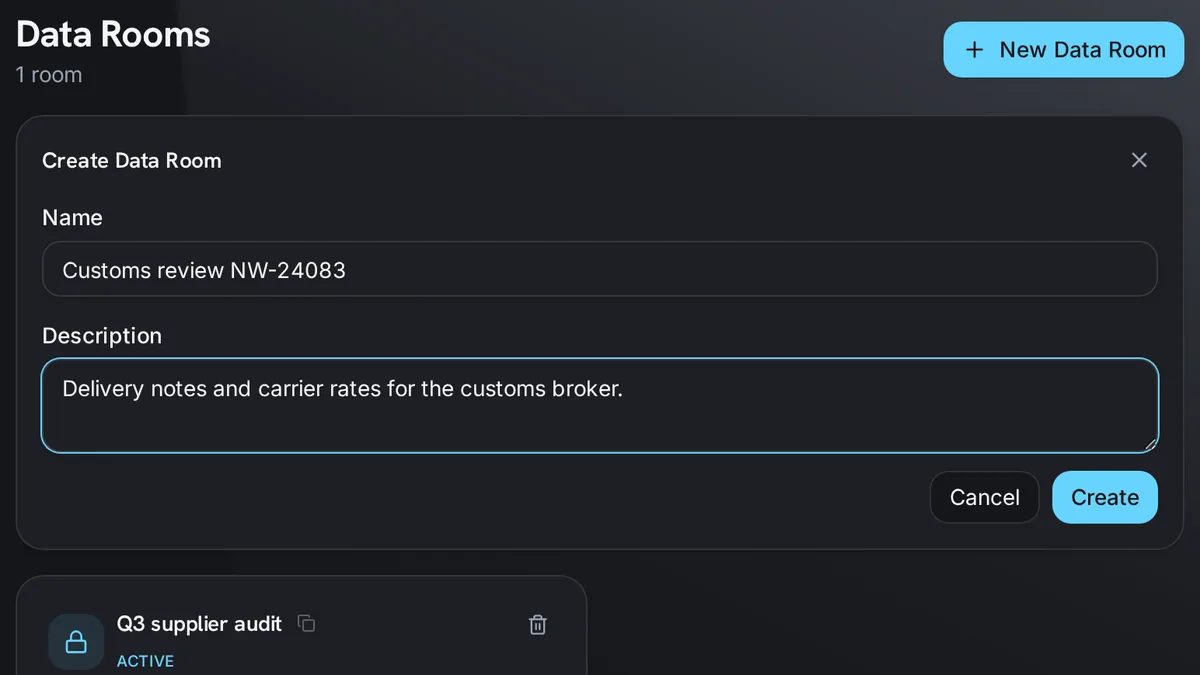 Creating a data room in xEvolve: a name and what the room is for