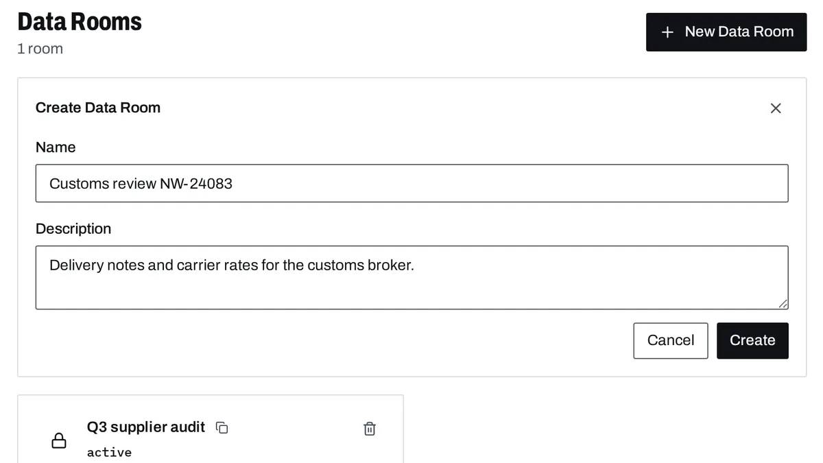 Creating a data room in xEvolve: a name and what the room is for