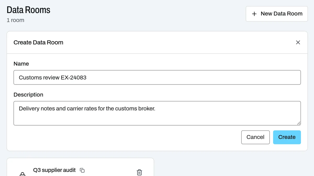 Creating a data room in xEvolve: a name and what the room is for