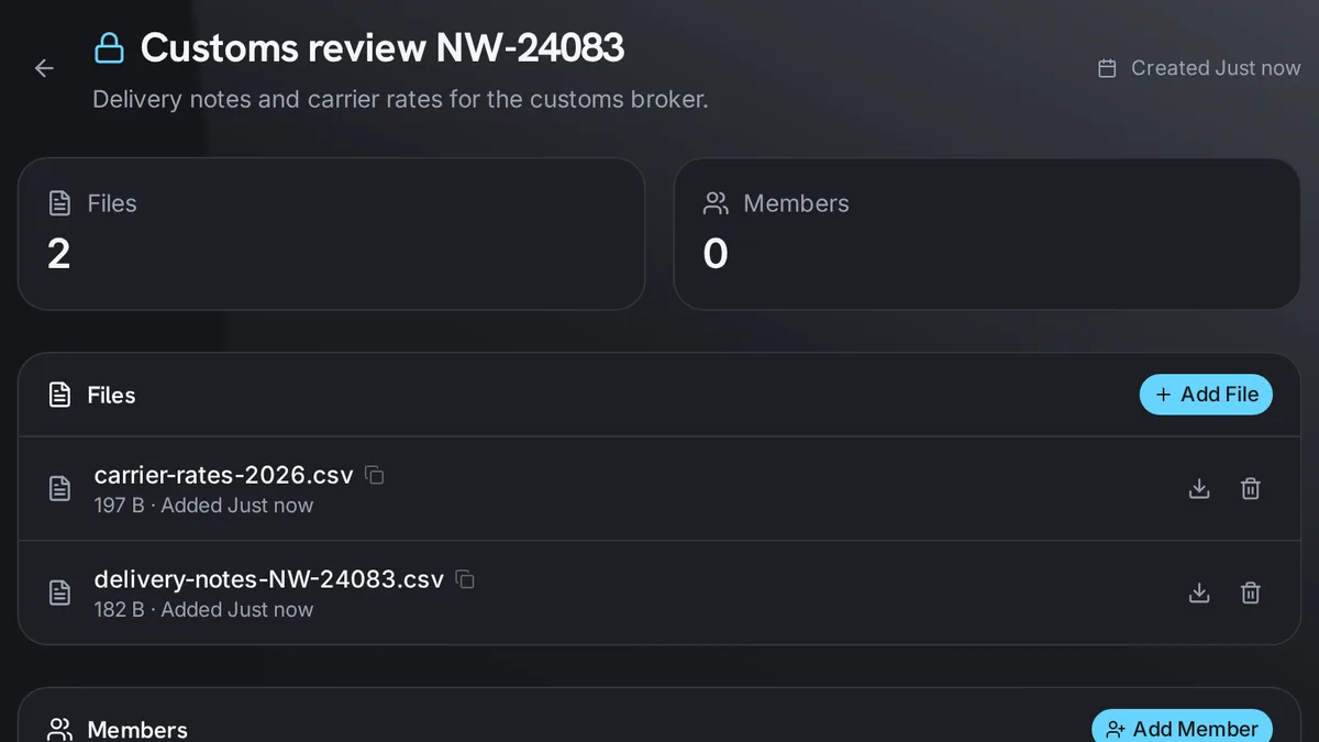 A data room with two sample files added and no members yet