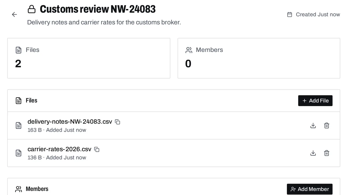 A data room with two sample files added and no members yet