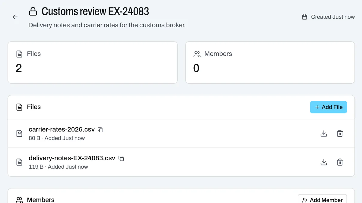 A data room with two sample files added and no members yet