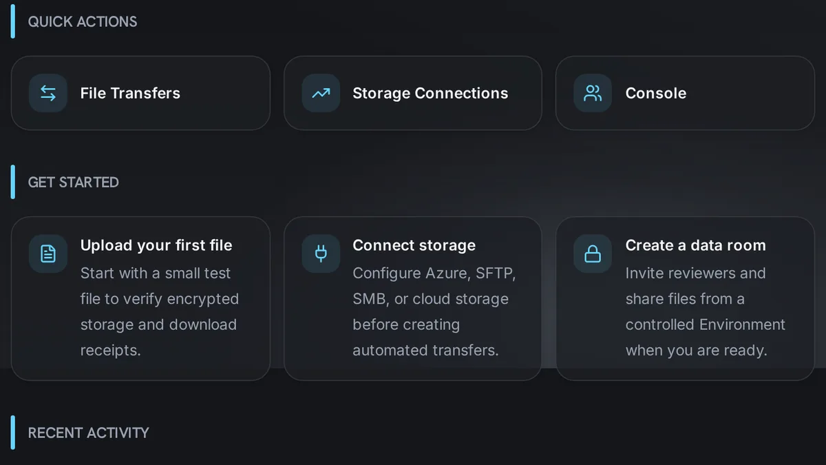 The dashboard of a new xEvolve workspace with its three Get started steps