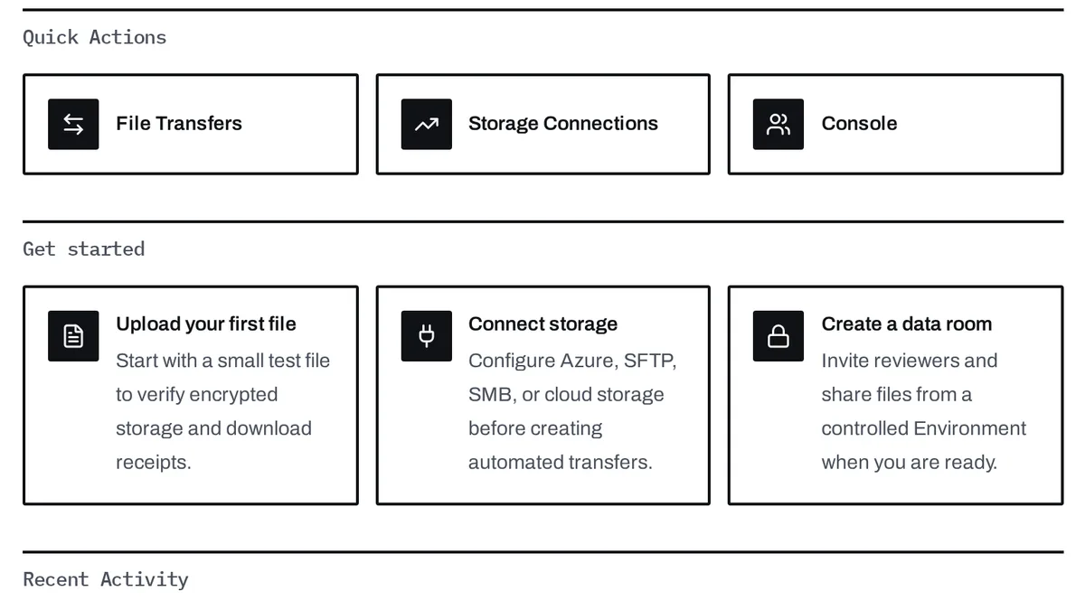 The dashboard of a new xEvolve workspace with its three Get started steps
