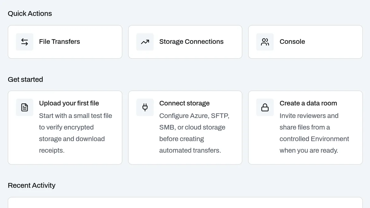 The dashboard of a new xEvolve workspace with its three Get started steps