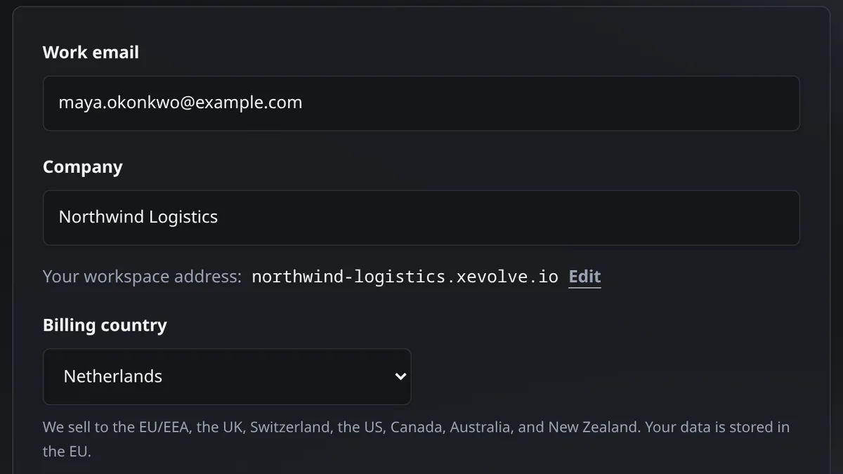 The Spot Suite buy page for an xEvolve trial, filled in for a sample company
