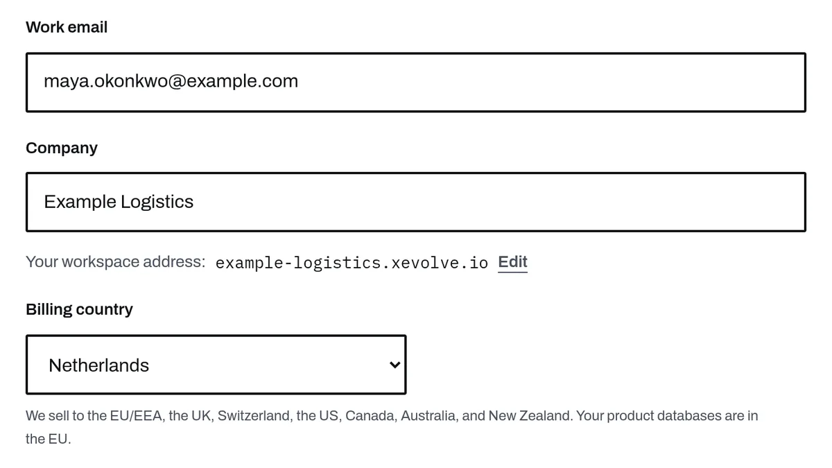 The Spot Suite buy page for an xEvolve trial, filled in for a sample company