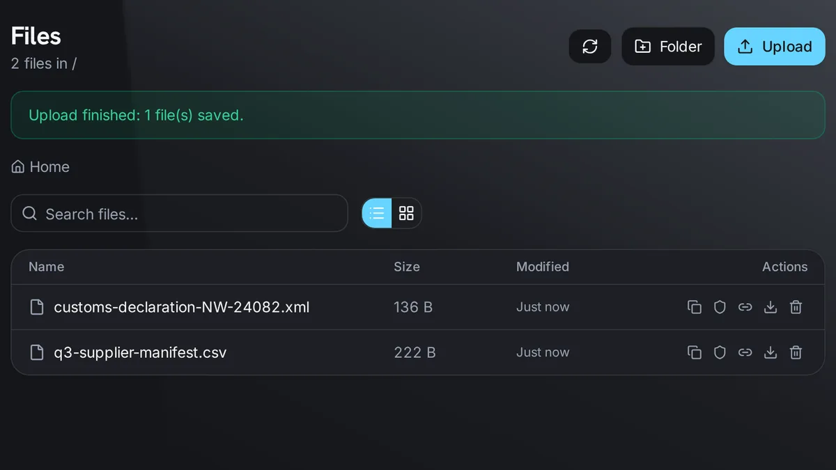 The Files page after an upload, with the upload confirmed and the sample files listed