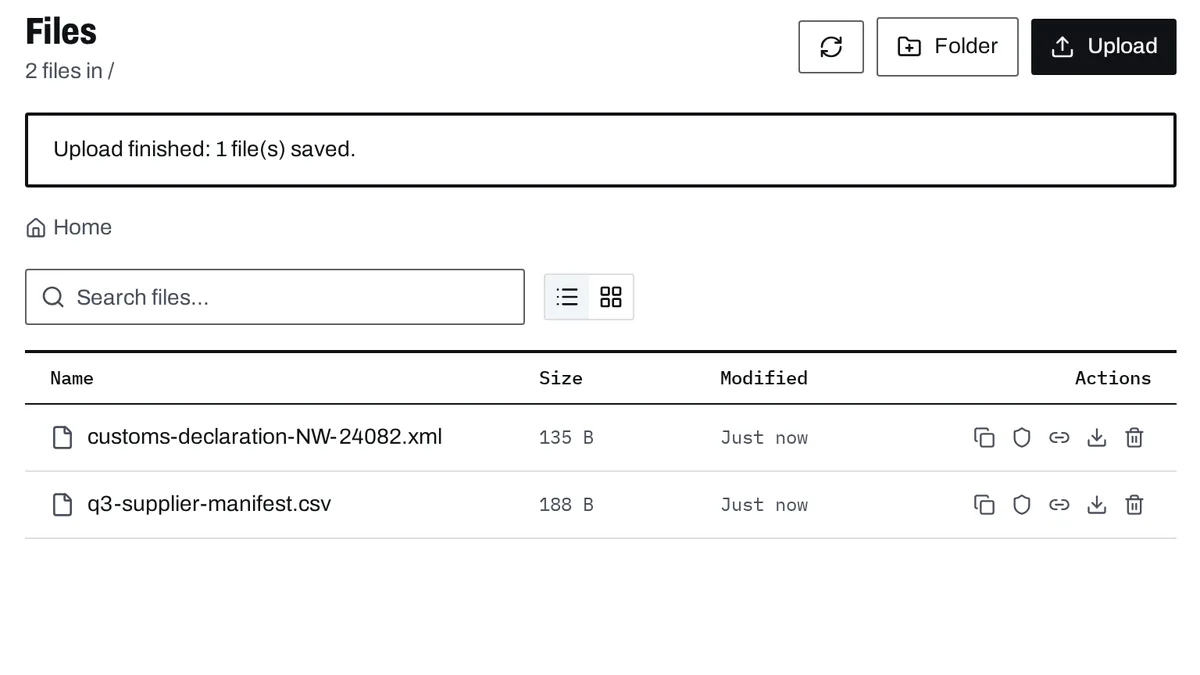The Files page after an upload, with the upload confirmed and the sample files listed