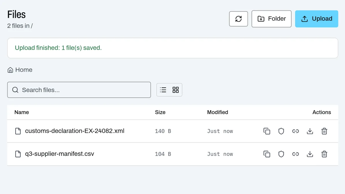 The Files page after an upload, with the upload confirmed and the sample files listed