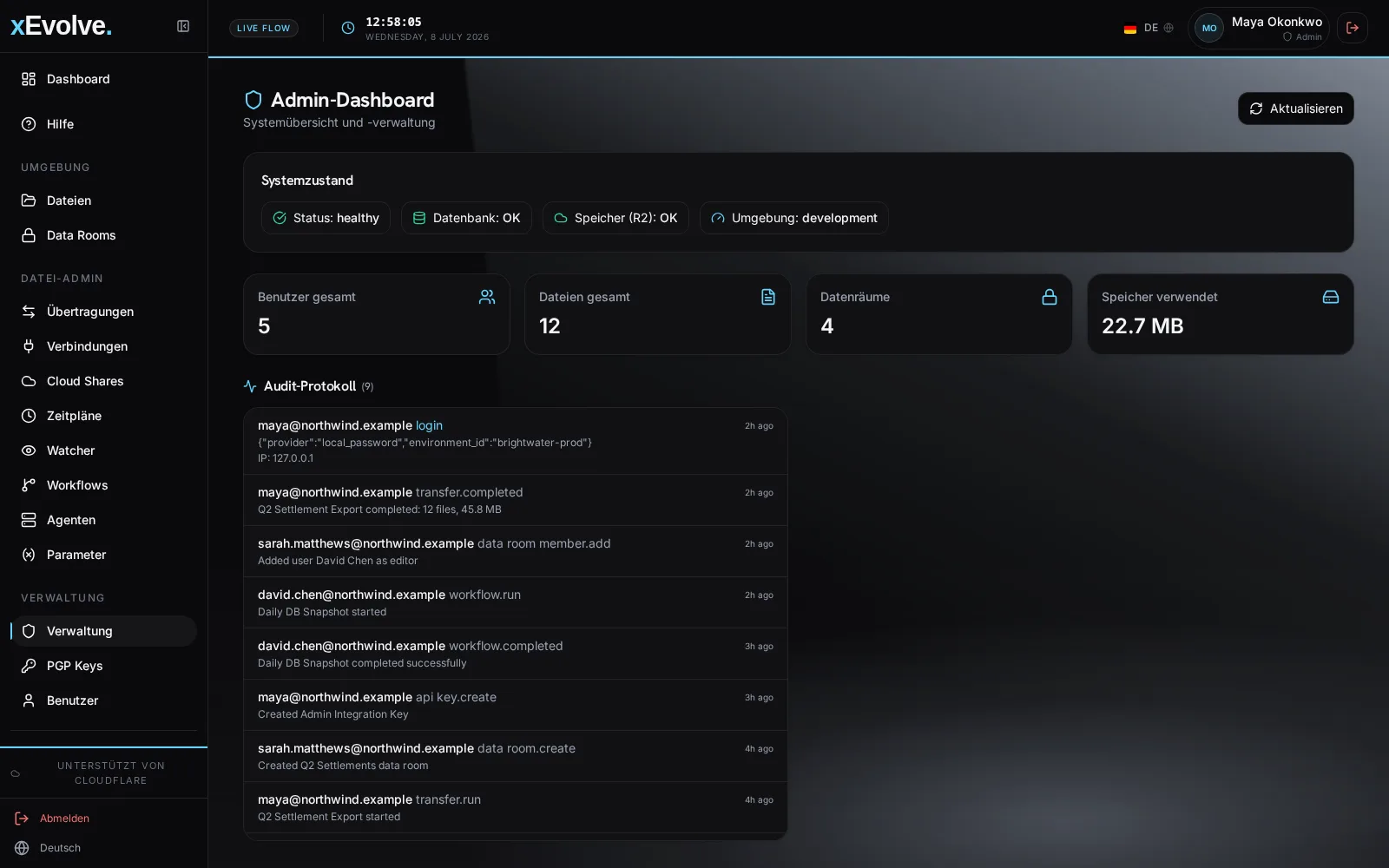 xEvolve Admin-Bildschirm