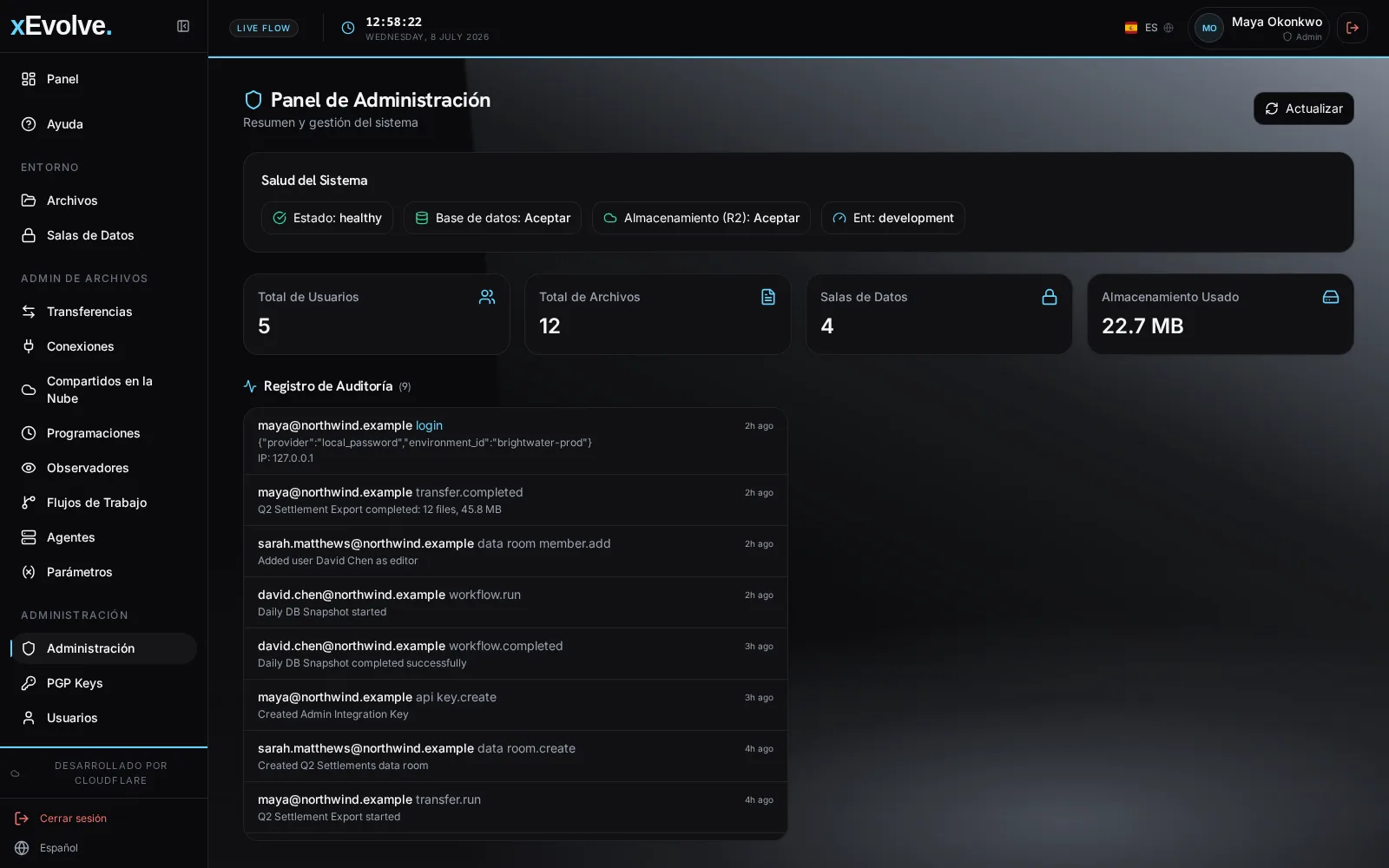 xEvolve pantalla de administración