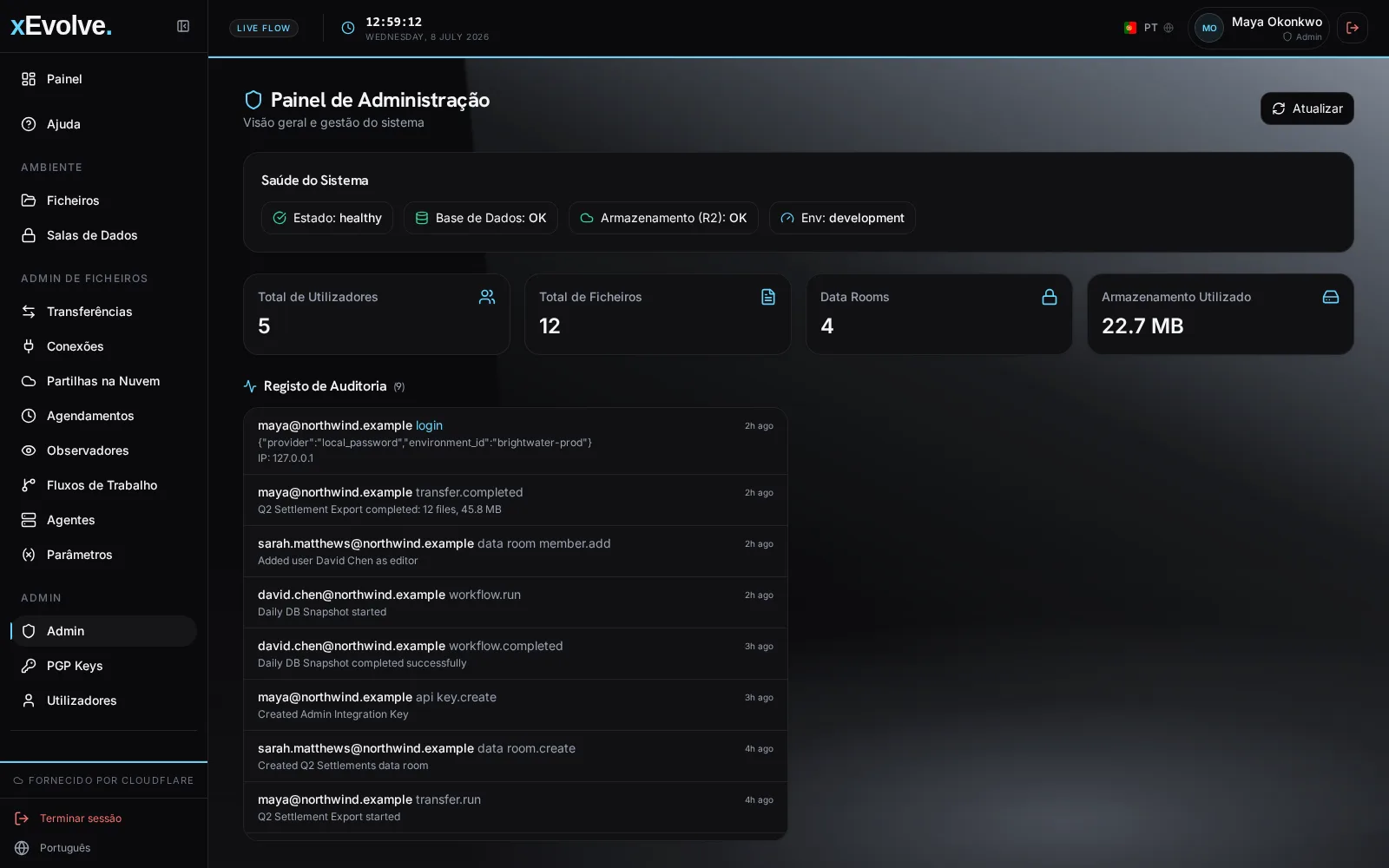 xEvolve ecrã de administração