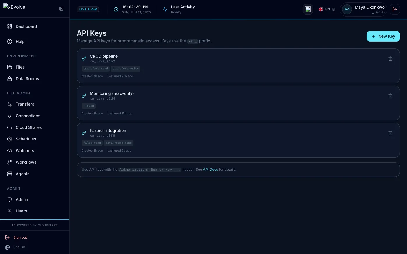 xEvolve API keys screen