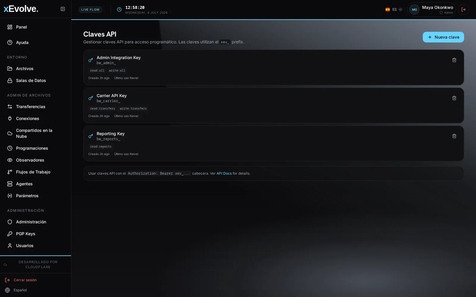 xEvolve pantalla de claves de API