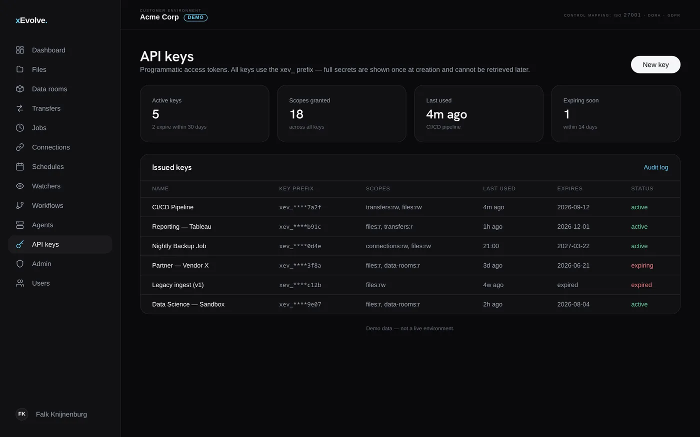 xEvolve API keys screen