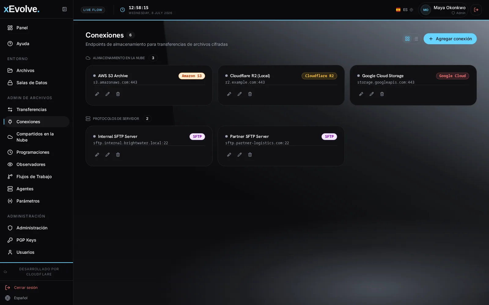 xEvolve pantalla de conexiones