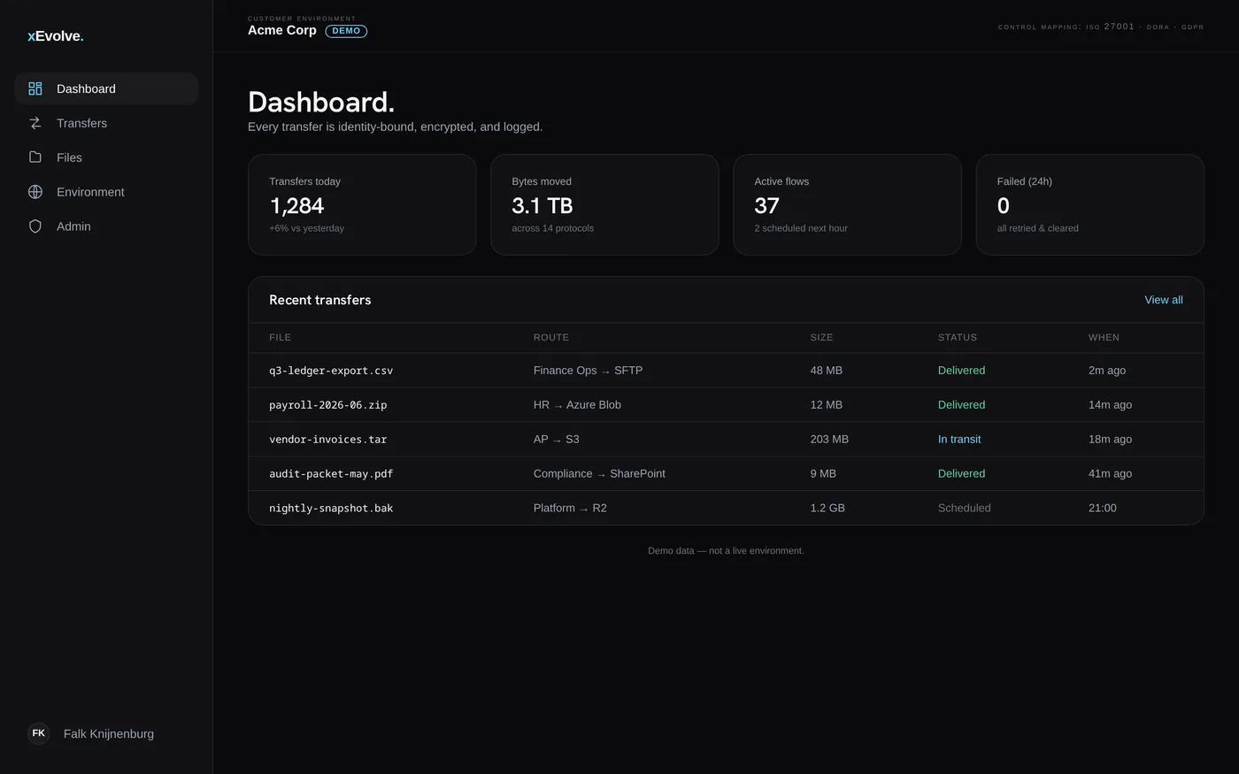 xEvolve dashboard with transfer stats and recent transfers