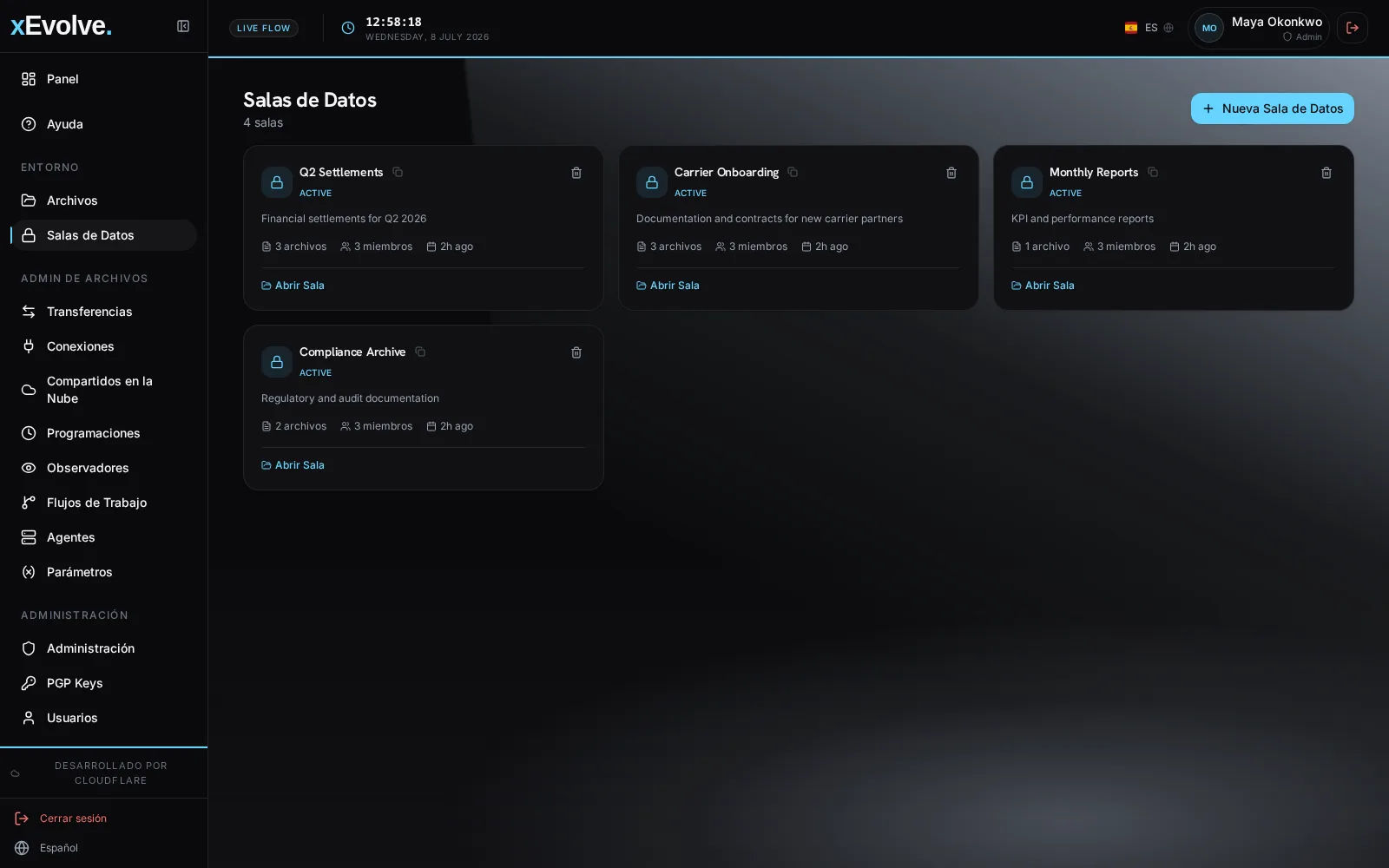 xEvolve pantalla de salas de datos