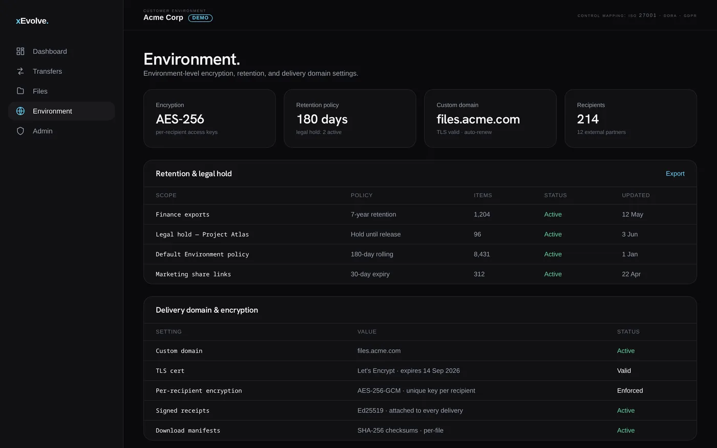 xEvolve environment settings screen