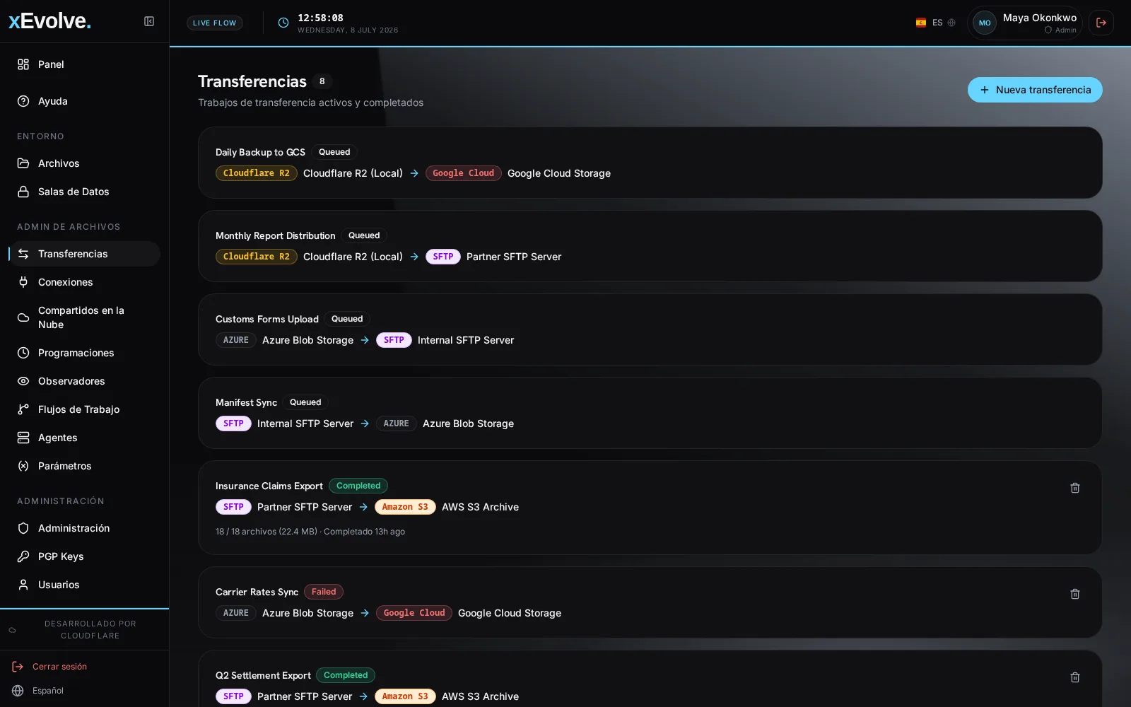 xEvolve pantalla de transferencias