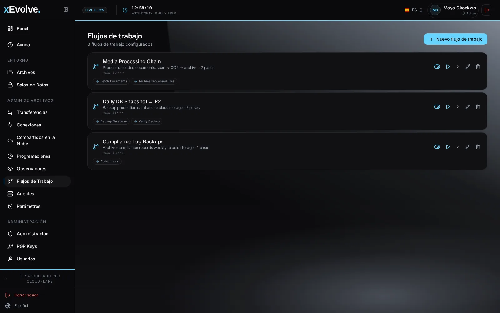 xEvolve pantalla de flujos de trabajo